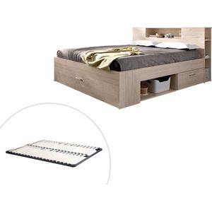 Bed met hoofdeinde met opbergruimte en lades - 140 x 190 cm - Kleur: naturel + bedbodem - LEANDRE L 218.5 cm x H 95 cm x D 149.6 cm