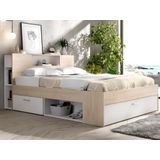 Bed met hoofdeinde met opbergruimte en lades - 140 x 190 cm - Kleur: naturel en wit + bedbodem - LEANDRE