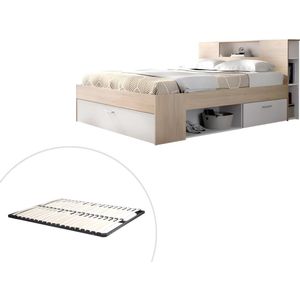 Bed met hoofdeinde met opbergruimte en lades - 140 x 190 cm - Kleur: naturel en wit + bedbodem - LEANDRE L 218.5 cm x H 95 cm x D 149.6 cm