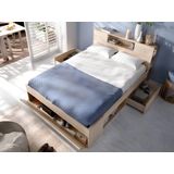 Bed met hoofdeinde met opbergruimte en lades - 160 x 200 cm - Kleur: naturel + bedbodem - LEANDRE