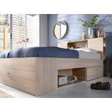 Bed met hoofdeinde met opbergruimte en lades - 160 x 200 cm - Kleur: naturel + bedbodem - LEANDRE