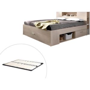 Vente-unique Bed met hoofdeinde met opbergruimte en lades - 160 x 200 cm - Kleur: naturel + bedbodem - LEANDRE L 228.5 cm x H 95 cm x D 169.5 cm