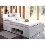 Bed met hoofdeinde met opbergruimte en lades - 160 x 200 cm - Kleur: wit + bedbodem - LEANDRE