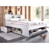 Bed met hoofdeinde met opbergruimte en lades - 160 x 200 cm - Kleur: wit + bedbodem - LEANDRE