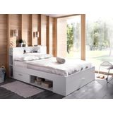 Bed met hoofdeinde met opbergruimte en lades - 160 x 200 cm - Kleur: wit + bedbodem - LEANDRE