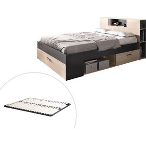 Bed met hoofdeinde met opbergruimte en lades - 160 x 200 cm - Kleur: naturel en antraciet + bedbodem - LEANDRE