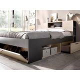 Bed met hoofdeinde met opbergruimte en lades - 140 x 190 cm - Kleur: naturel en antraciet + bedbodem + matras - LEANDRE
