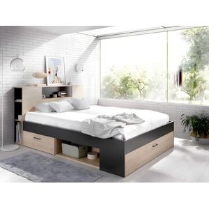 Bed met hoofdeinde met opbergruimte en lades - 140 x 190 cm - Kleur: naturel en antraciet + bedbodem + matras - LEANDRE L 218.5 cm x H 95 cm x D 149.6 cm