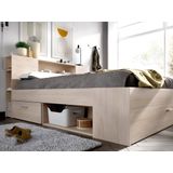 Bed met hoofdeinde met opbergruimte en lades - 140 x 190 cm - Kleur: naturel + bedbodem + matras - LEANDRE