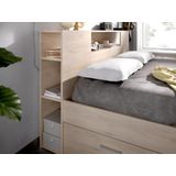 Bed met hoofdeinde met opbergruimte en lades - 140 x 190 cm - Kleur: naturel + bedbodem + matras - LEANDRE