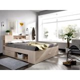 Bed met hoofdeinde met opbergruimte en lades - 140 x 190 cm - Kleur: naturel + bedbodem + matras - LEANDRE