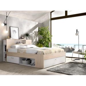 Bed met hoofdeinde met opbergruimte en lades - 140 x 190 cm - Kleur: naturel en wit + bedbodem + matras - LEANDRE L 218.5 cm x H 95 cm x D 149.6 cm