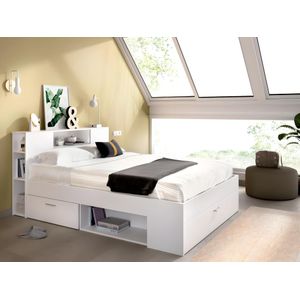 Bed met hoofdeinde met opbergruimte en lades - 140 x 190 cm - Kleur: wit + bedbodem + matras - LEANDRE L 218.5 cm x H 95 cm x D 149.6 cm