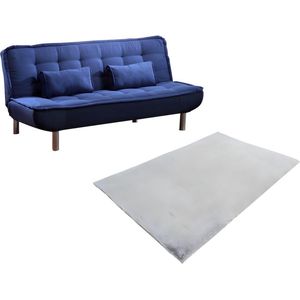 Set blauwe slaapbank MISHAN en grijs tapijt BUNNY