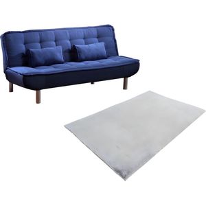 Vente-unique Set blauwe slaapbank MISHAN en grijs tapijt BUNNY L 200 cm x H 89 cm x D 150 cm