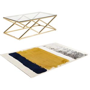 Set goudkleurige salontafel CHARLOTTE en blauw, mostergeel en grijs tapijt CAMDEN L 230 cm x H 40 cm x D 160 cm