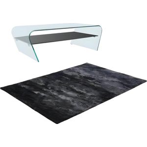 Set van transparante en zwarte salontafel KELLY en shaggy antracietkleurig tapijt DOLCE L 230 cm x H 37 cm x D 160 cm
