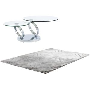 Set salontafel met draaiend transparant blad JOLINE en grijs shaggy tapijt MAZE L 230 cm x H 42 cm x D 160 cm
