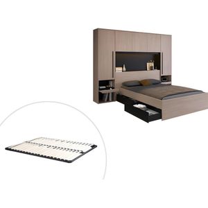 Bed met opbergruimte 140 x 190 cm - Met ledverlichting - Kleur: naturel en zwart + bedbodem - VELONA