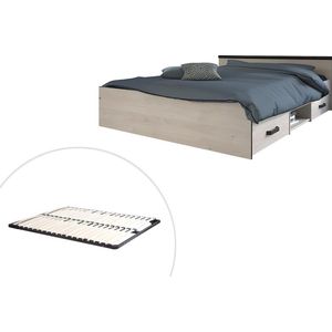 Bed met opbergruimte 140 x 190 cm - 2 laden en 1 nis - Kleur: naturel + bedbodem - PABLO L 145.8 cm x H 58.9 cm x D 193 cm