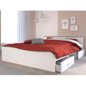 Bed met opbergruimte 140 x 190 cm - 2 laden en 1 nis - Kleur: wit + bedbodem - PABLO L 145.8 cm x H 58.9 cm x D 193 cm