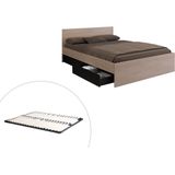 Bed met 2 lades - 160 x 200 cm - Kleuren: Houtlook en zwart + bedbodem - VELONA