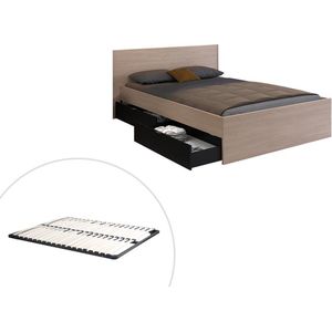 Bed met 2 lades - 140 x 190 cm - Kleuren: Houtlook en zwart + bedbodem - VELONA