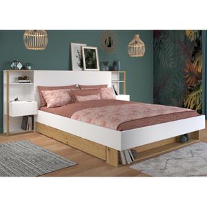 Bed met nachtkastjes en opbergvakken - 160 x 200 cm - Kleuren: Wit en houtlook + Bedbodem - MISTA