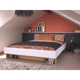 Bed met lade en opbergvak - 160 x 200 cm - Kleuren: Wit en houtlook + Bedbodem - MISTA