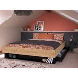 Bed met lade en opbergvak - 160 x 200 cm - Kleur: Houtlook en zwart + Bedbodem - MISTA