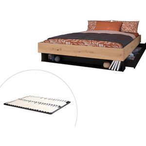 Bed met lade en opbergvak - 160 x 200 cm - Kleur: Houtlook en zwart + Bedbodem - MISTA L 164 cm x H 28 cm x D 206 cm
