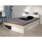 Bed met opbergruimte - 140 x 200 cm - Kleur: Wit en houtlook + Bedbodem - DEBAR