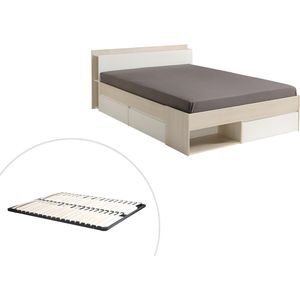 Bed met opbergruimte 160 x 200 cm - Kleuren: Wit en houtlook + Bedbodem - DEBAR L 220 cm x H 79 cm x D 170 cm