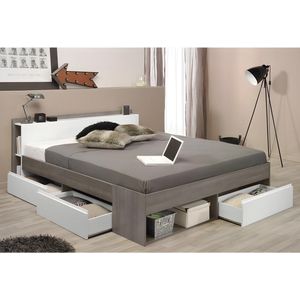 Bed met opbergruimte 160 x 200 cm - Kleuren: Taupe en wit + Bedbodem - DEBAR L 220 cm x H 79 cm x D 170 cm