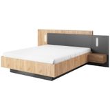 Bed met nachtkastjes - 160 x 200 cm - 2 lades - Met ledverlichting - Kleuren: houteffect en antraciet + bedbodem - FRANCOLI