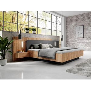 Bed met nachtkastjes - 160 x 200 cm - 2 lades - Met ledverlichting - Kleuren: Houtlook en antraciet + Bedbodem - FRANCOLI