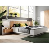 Bed met nachtkastjes - 160 x 200 cm - 2 lades - Met ledverlichting - Kleuren: Wit en houtlook + Bedbodem - FRANCOLI