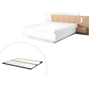 Bed met nachtkastjes - 160 x 200 cm - 2 lades - Met ledverlichting - Kleuren: Wit en houtlook + Bedbodem - FRANCOLI L 264.4 cm x H 102 cm x D 218.2 cm