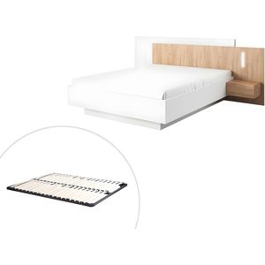 Vente-unique Bed met nachtkastjes - 160 x 200 cm - 2 lades - Met ledverlichting - Kleuren: wit en houteffect + bedbodem - FRANCOLI L 264.4 cm x H 102 cm x D 218.2 cm