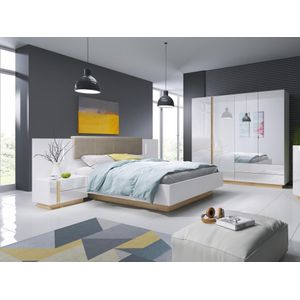 Bed met nachtkastjes - 160 x 200 cm - Met ledverlichting - Wit en houtlook + Bedbodem - MURARI