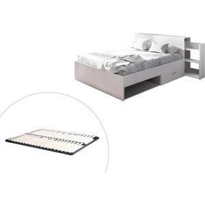 Bed met hoofdbord met opbergvakken en lades - 140 x 190 cm - Kleur: Wit + Bedbodem - FLORIAN