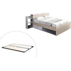 Bed met hoofdbord met opbergvakken en lades 140 x 190 cm - Kleuren: Houtlook en wit + Bedbodem - FLORIAN L 223 cm x H 83 cm x D 146 cm