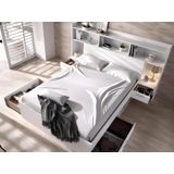 Bed met geïntegreerde opbergvakken en nachtkastjes - 140 x 190 cm - Wit + Bedbodem - KEVIN