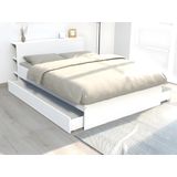 Bed met hoofdbord met opbergvakken en lades - 140 x 190 cm - Wit + Bedbodem - EUGENE