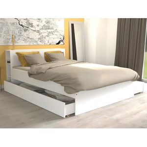 Bed met hoofdbord met opbergvakken en lades - 140 x 190 cm - Wit + Bedbodem - EUGENE L 215.5 cm x H 80 cm x D 144 cm