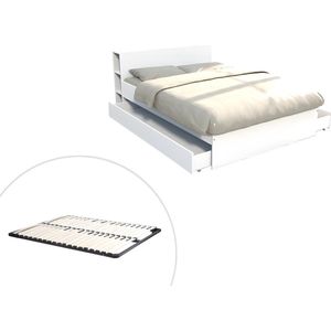 Bed met hoofdbord met opbergvakken en lades - 160 x 200 cm - Wit + Bedbodem - EUGENE L 225 cm x H 80 cm x D 164 cm
