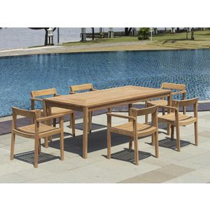 MYLIA Tuineethoek van Teakhout: 1 Tafel L200 cm + 6 Fauteuils - Licht Naturel