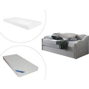 Uitschuifbare slaapbank 2 x 90 x 190 cm - Velours - Beige + matras - LENVIA L 207 cm x H 81.2 cm x D 96.5 cm