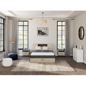 Bed met hoofdeinde met opbergruimte en lades - 140 x 190 cm - Kleur: naturel en antraciet + nachtkastjes - LEANDRE