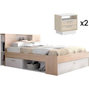 Bed met hoofdeinde met opbergruimte en lades - 140 x 190 cm - Kleur: naturel en wit + nachtkastjes - LEANDRE L 218.5 cm x H 95 cm x D 149.6 cm